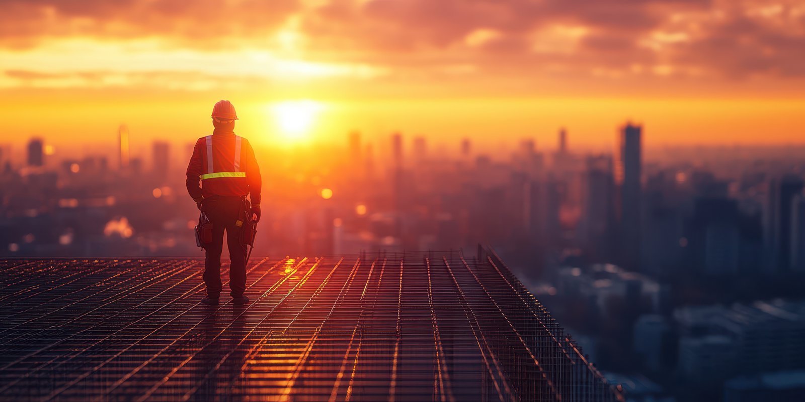 Construction worker standing on steel framework at sunset overlooking city skyline